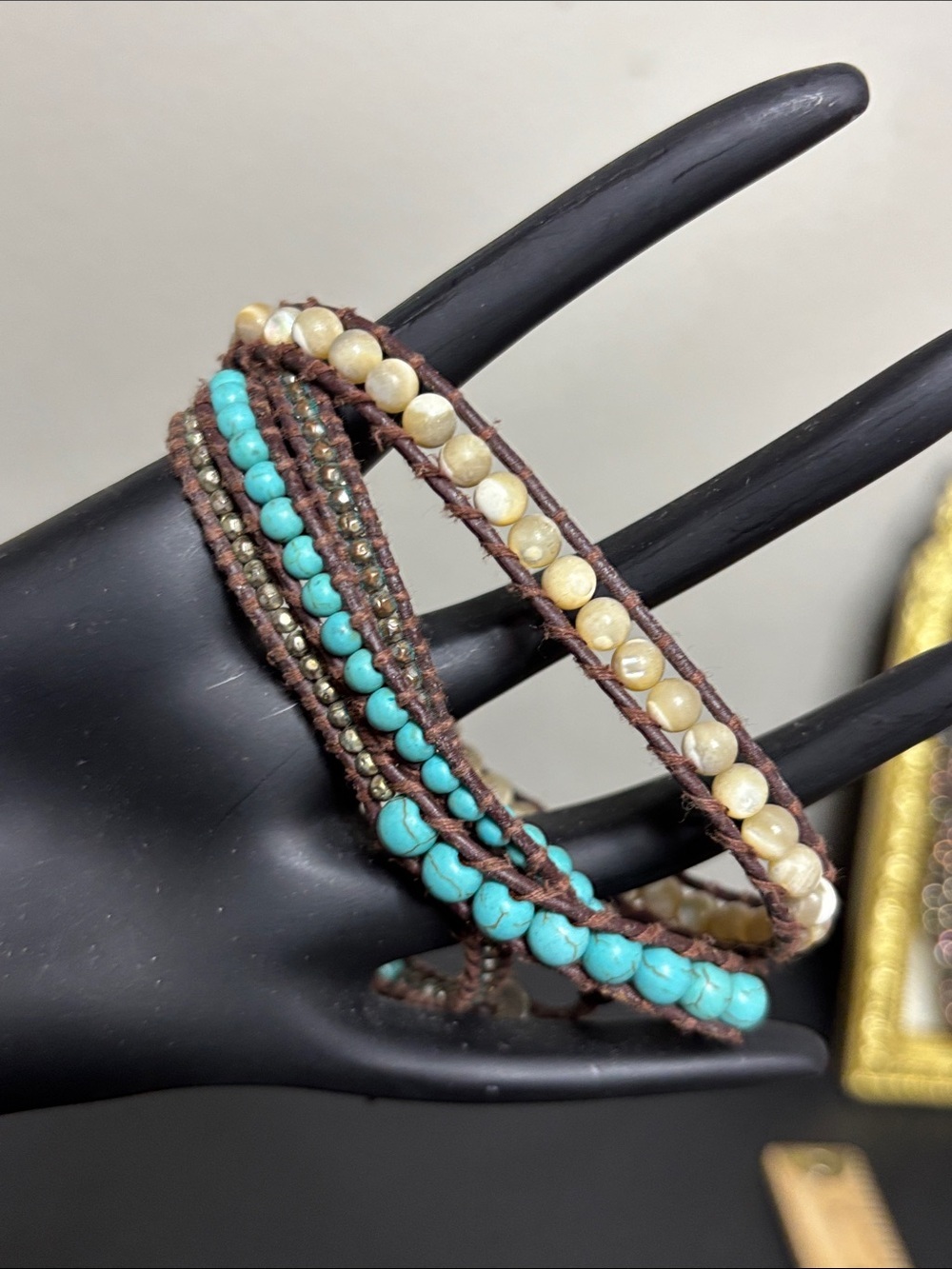 Lizou Boho Turquoise Cream Stone Beaded Leather Western Wrap Bracelet Jewelry